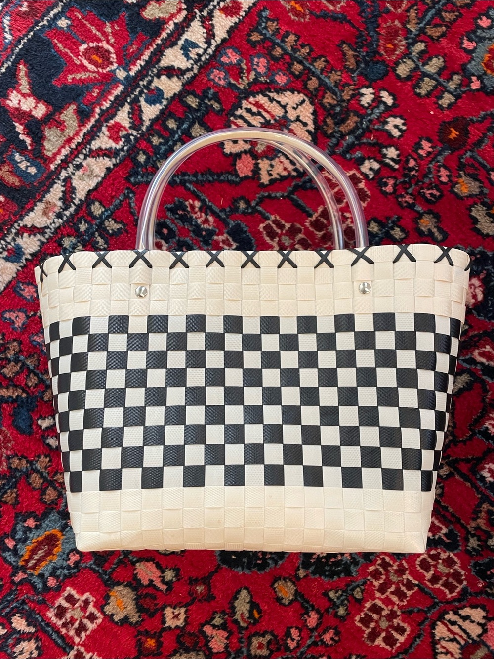 Hand Woven Plastic Tote Bag in Black and Cream